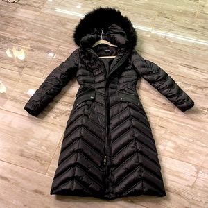 bebe black full length faux fur puffer coat